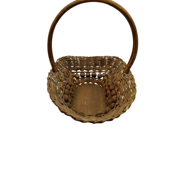 Large Vintage Willow Wicker Wood Bead Basket Handmade Rattan 16 inch - Picture 6 of 9